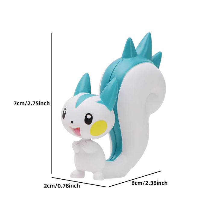 Small white and blue figurine with measurements on a white background.