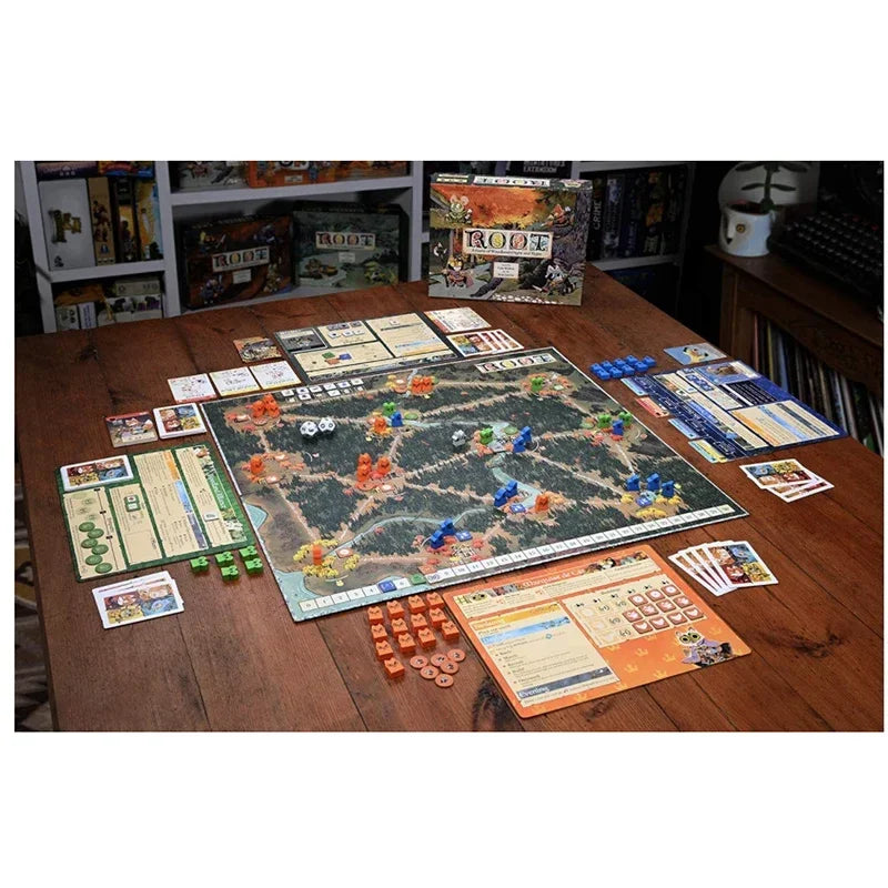 Board game setup on a wooden table with various game pieces and cards.