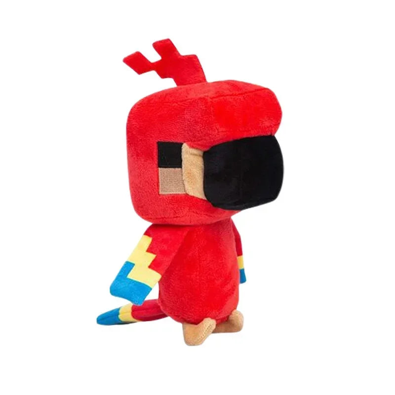 Red plush toy with a colorful pattern on a white background.