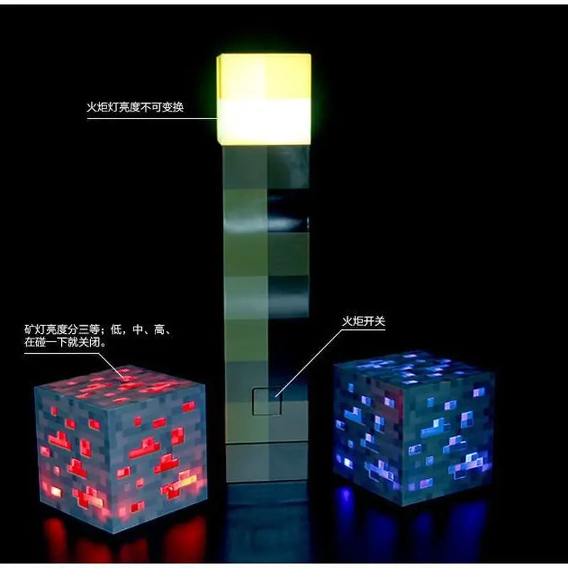 Three illuminated blocks with different light effects on a dark background.
