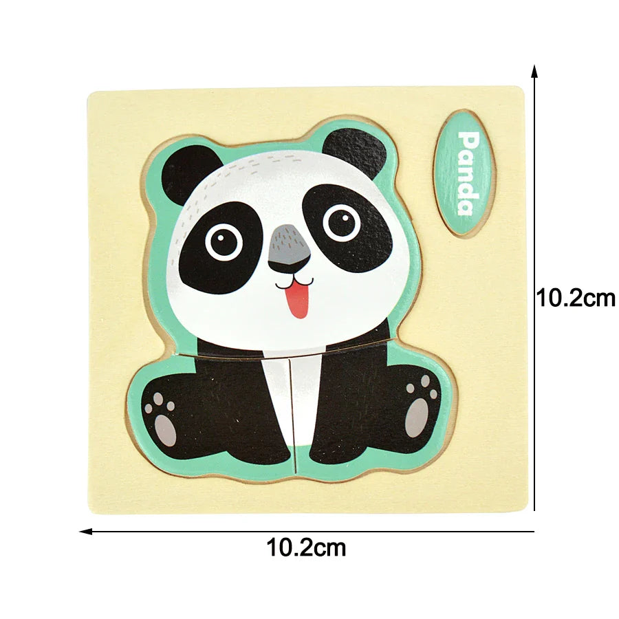 Wooden panda puzzle with dimensions on a beige background.