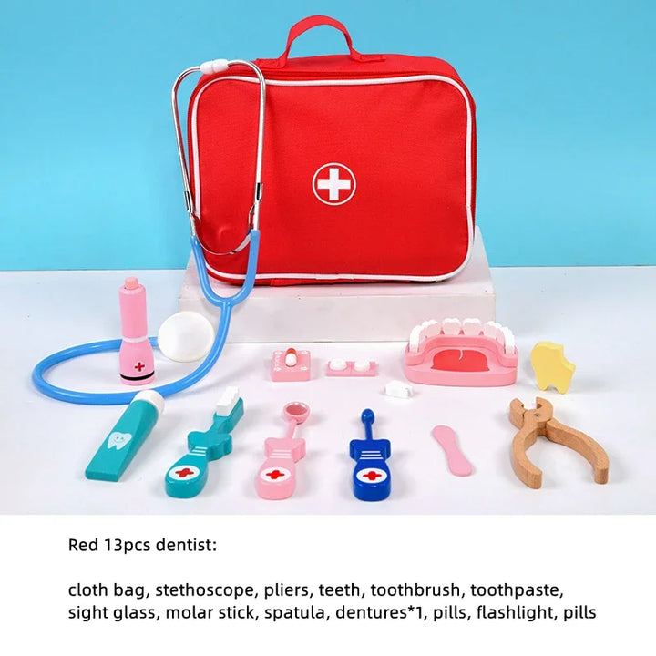 Red 13-piece dentist toy set with a cloth bag, stethoscope, and various dental tools on a white surface with a blue background.