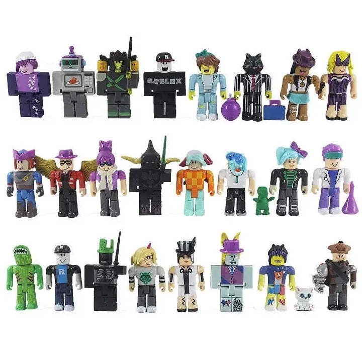 Collection of small figurines with various outfits and accessories on a white background.
