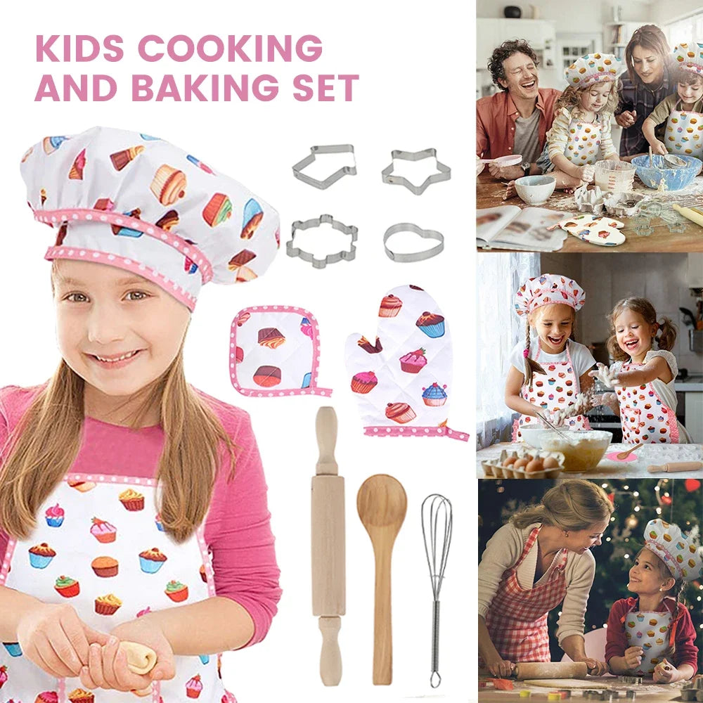 Children's cooking and baking set with apron, chef hat, and utensils, including a girl using a rolling pin.
