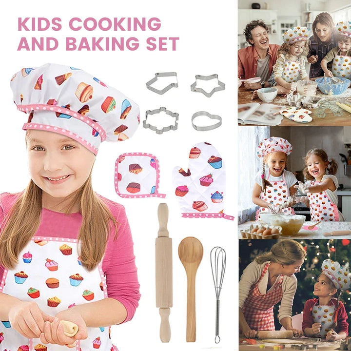 Children's cooking and baking set with apron, chef hat, and utensils, including a girl using a rolling pin.