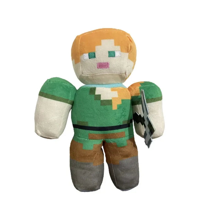 Plush toy resembling a character from a video game with pixelated design on a white background.