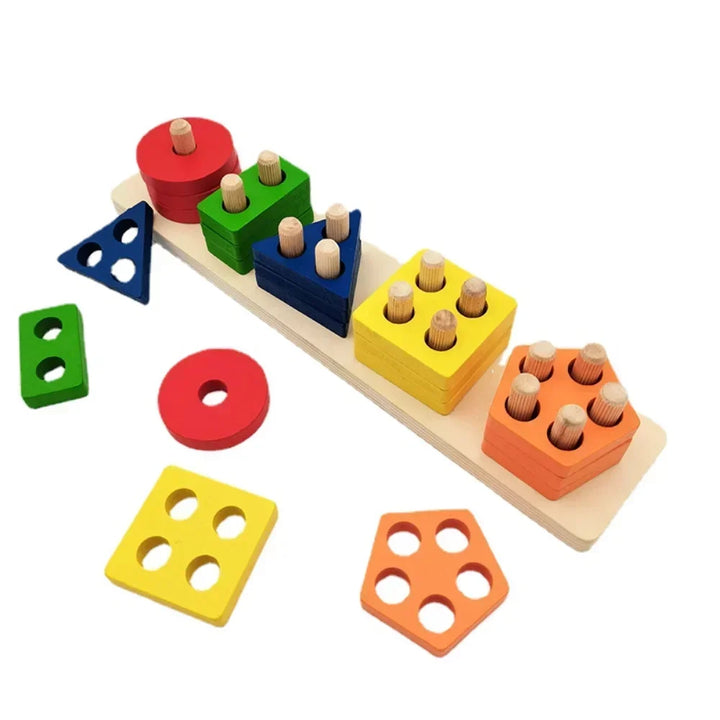 Colorful wooden shape sorting toy with geometric blocks on a white background.