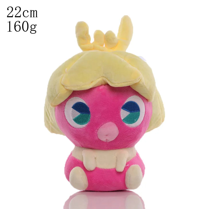 Plush toy with pink body and yellow hair on a white background.