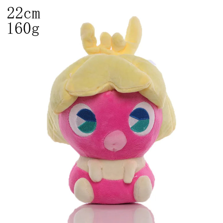 Plush toy with pink body and yellow hair on a white background.