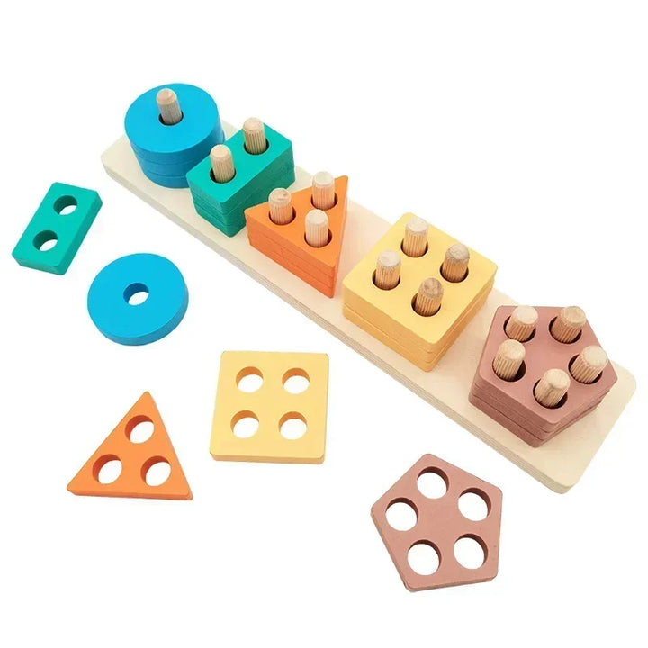 Wooden shape sorting toy with colorful geometric shapes on a white background.