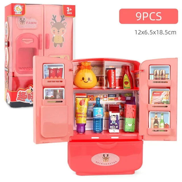 Toy refrigerator set with open doors showing various toy food items and packaging on a white background.