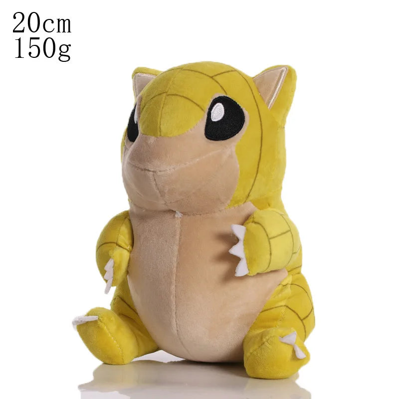 Yellow and brown plush toy with size and weight information on a white background.