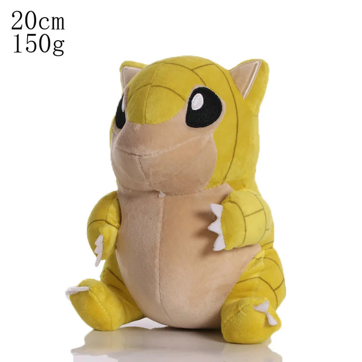 Yellow and brown plush toy with size and weight information on a white background.
