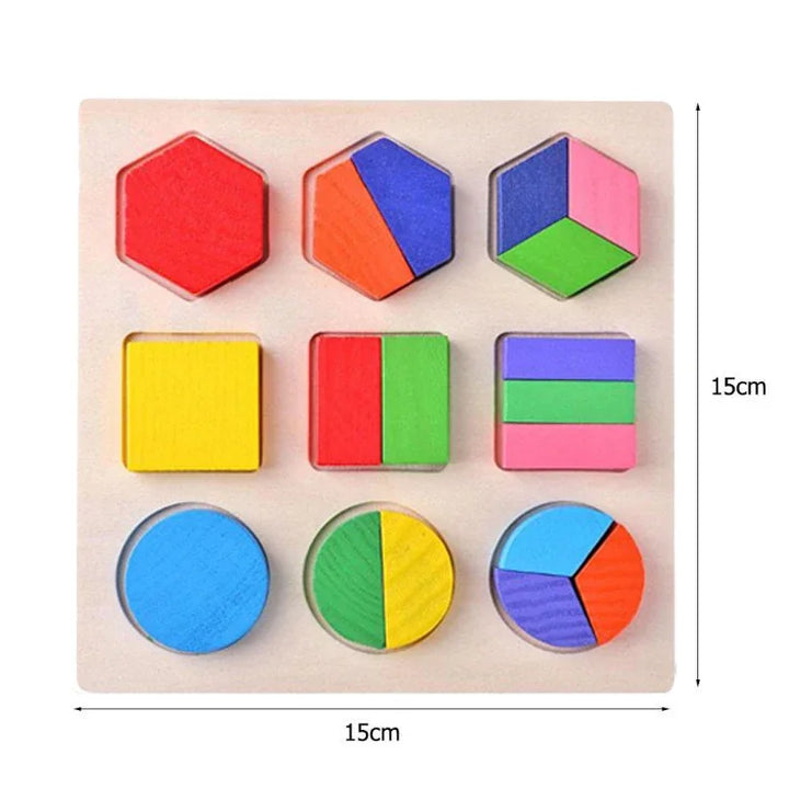Colorful geometric wooden puzzle with measurements on a white background.