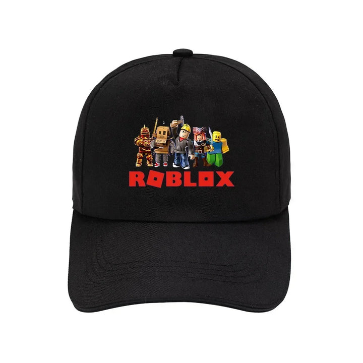 Black cap with Roblox character design on a white background.