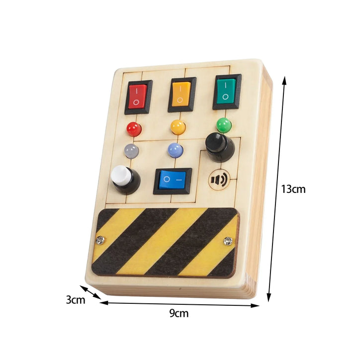 Wooden control panel with colored buttons and dimensions labeled.