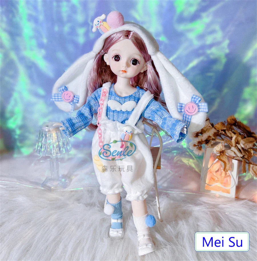 Doll with bunny ears and a blue outfit standing on a textured surface with a blurred background.
