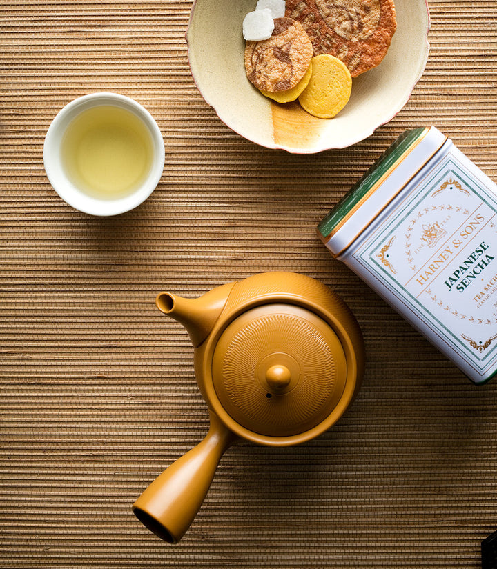 Tea set with a teapot, cup of tea, and cookies on a textured surface.