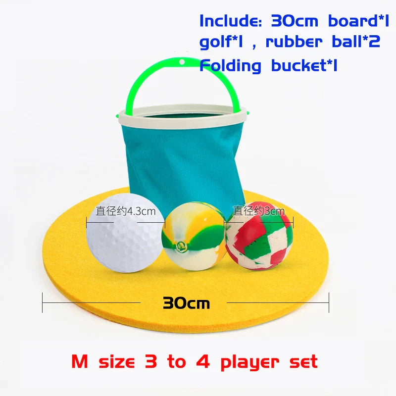 Training set with board, golf ball, rubber balls, and folding bucket on a white background.