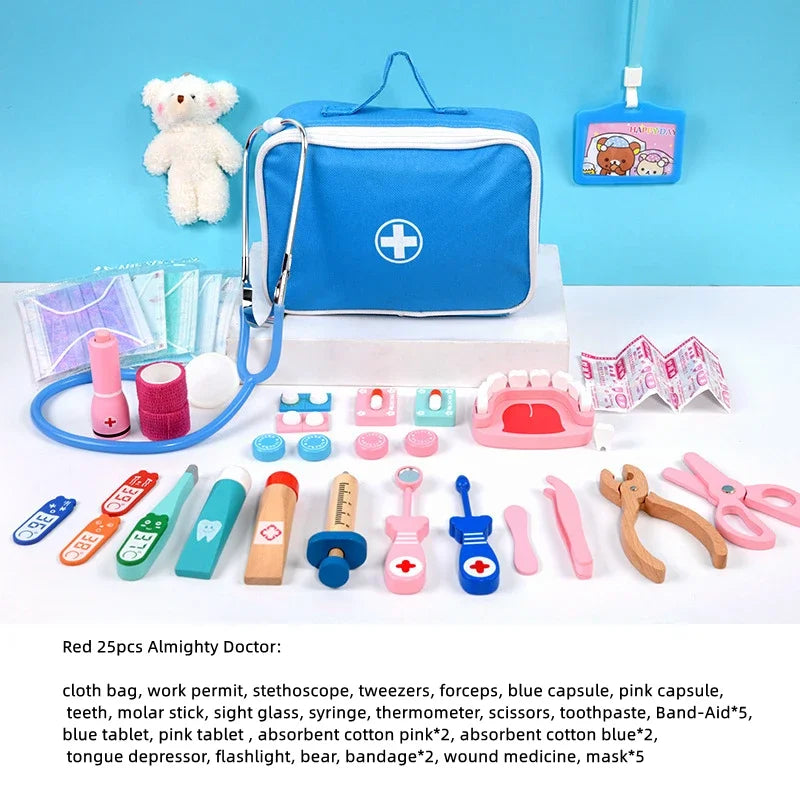 Children's toy doctor set with blue bag, teddy bear, and various medical tools on a blue background.