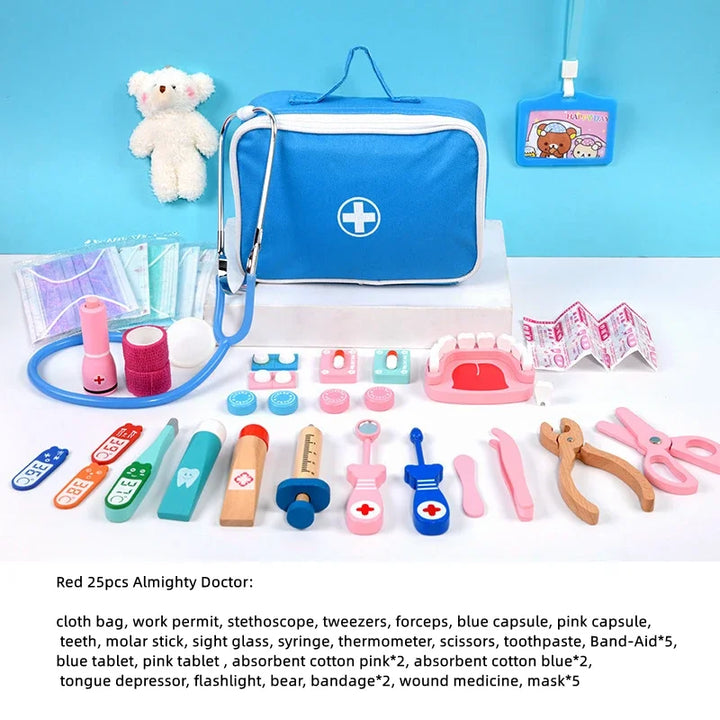 Children's toy doctor set with blue bag, teddy bear, and various medical tools on a blue background.