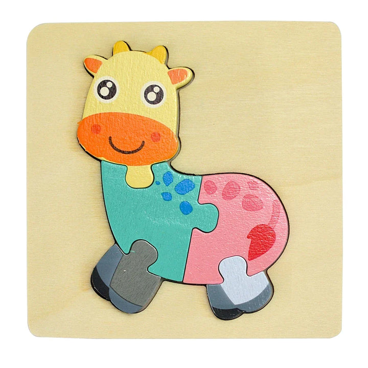 Colorful giraffe-shaped puzzle on a wooden base.