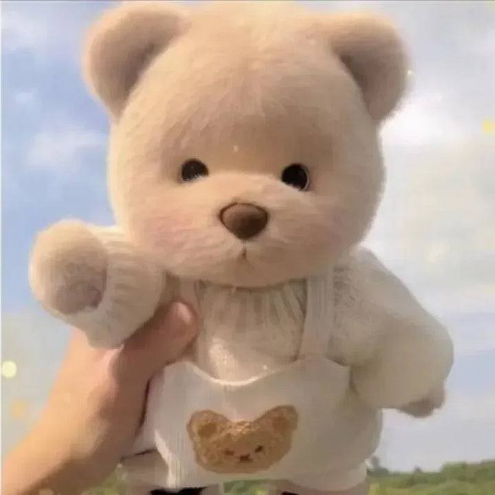 Plush teddy bear wearing a shirt with a bear design, held against a blurred natural background.