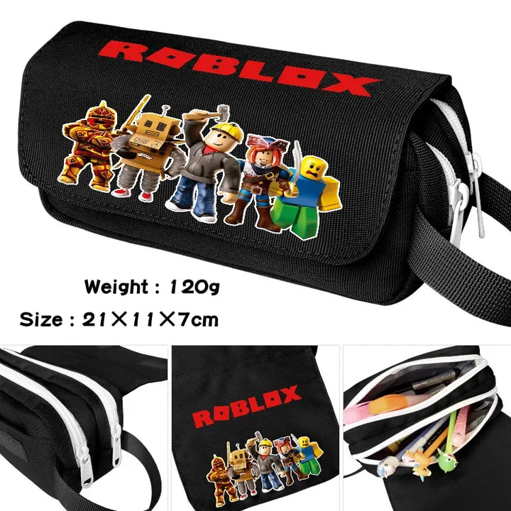 Black Roblox themed bag with character graphics and product details.