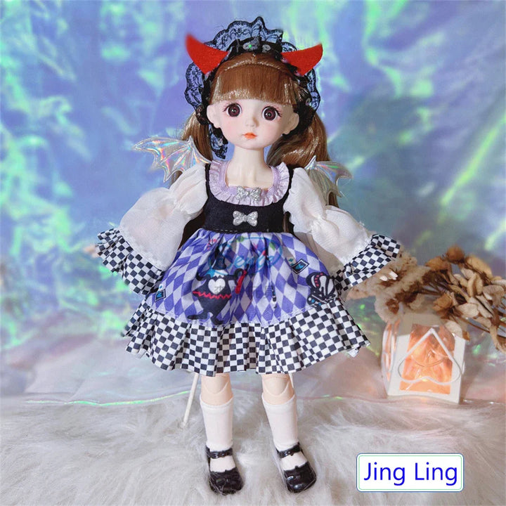 Doll with checkered dress and red accents against a colorful, blurred background.