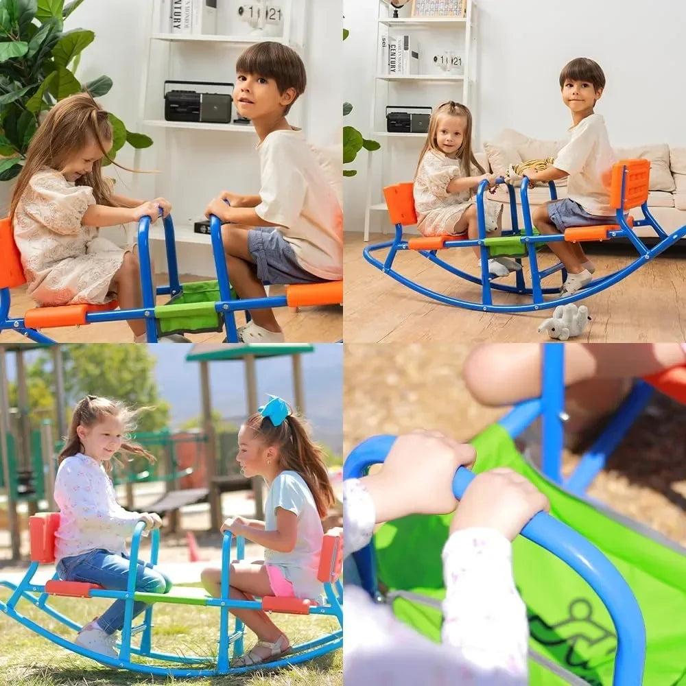 Children playing on a colorful seesaw in various settings.