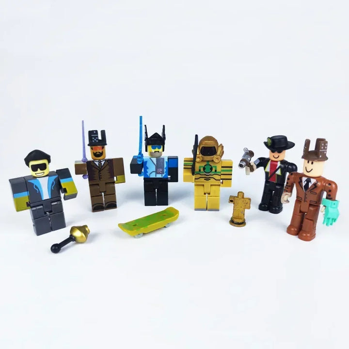 Set of toy figures on a white background.