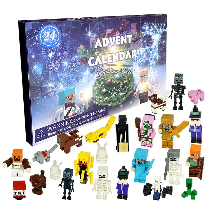 Advent calendar with building block figures on a white background.