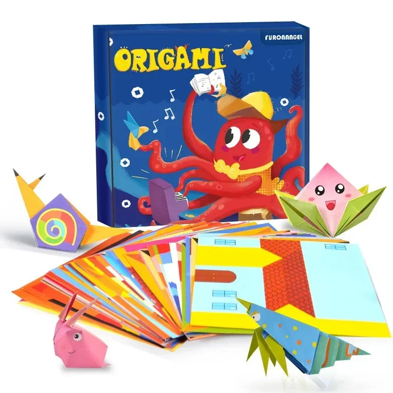 Origami kit with colorful paper and folded models on a white background.