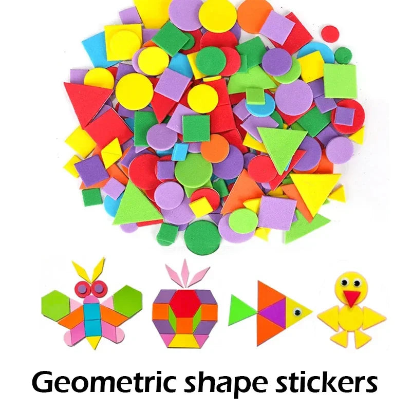 Colorful geometric shape stickers with examples of shapes made from them on a white background.