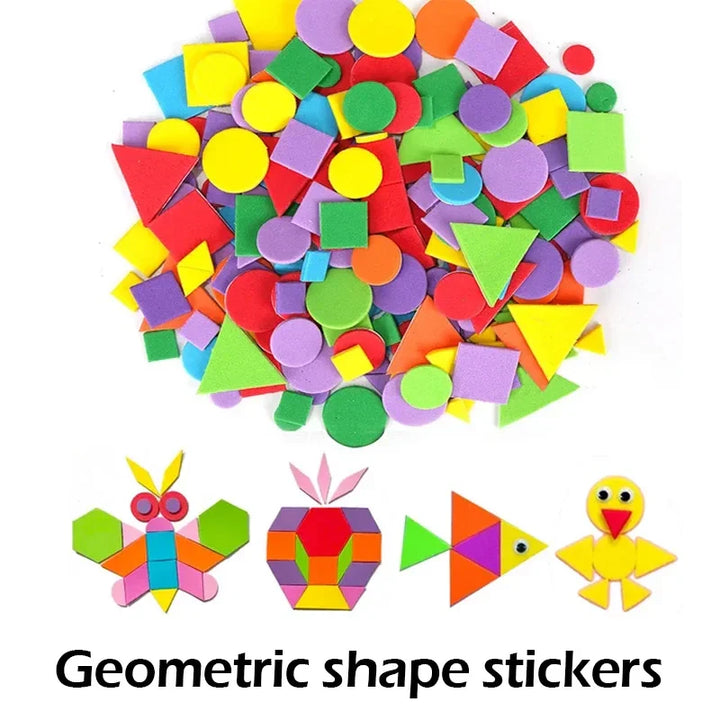 Colorful geometric shape stickers with examples of shapes made from them on a white background.
