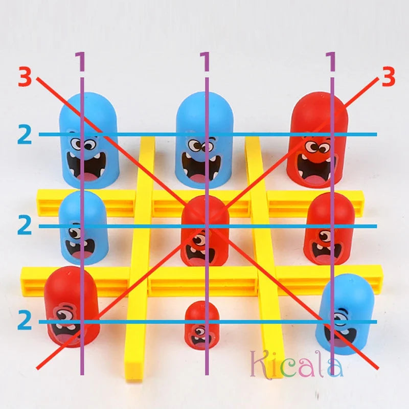 Tic-tac-toe game with cartoon characters on a white background.