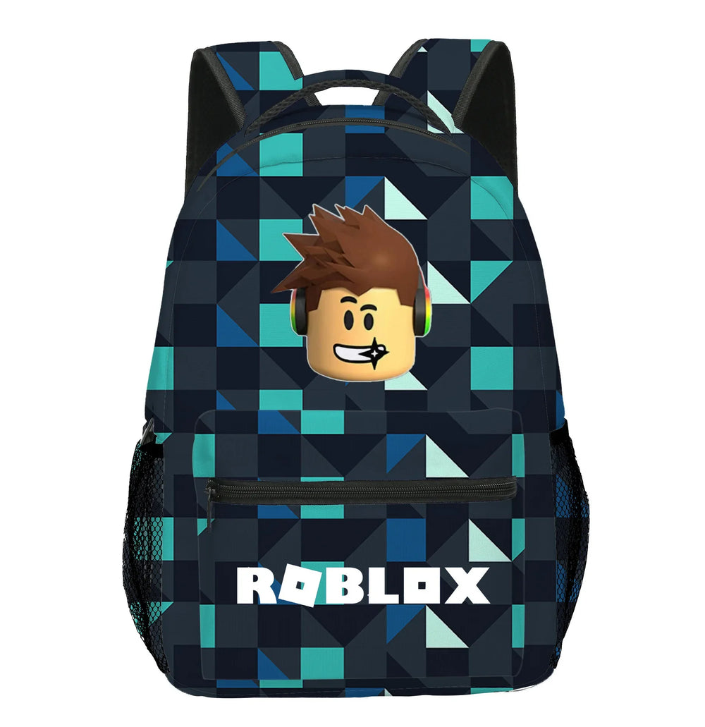 Backpack with geometric pattern and Roblox logo on a white background.