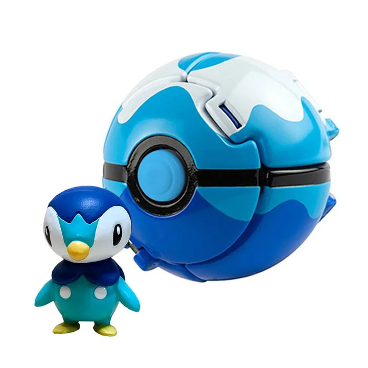 Blue toy penguin with a large blue ball on a white background.