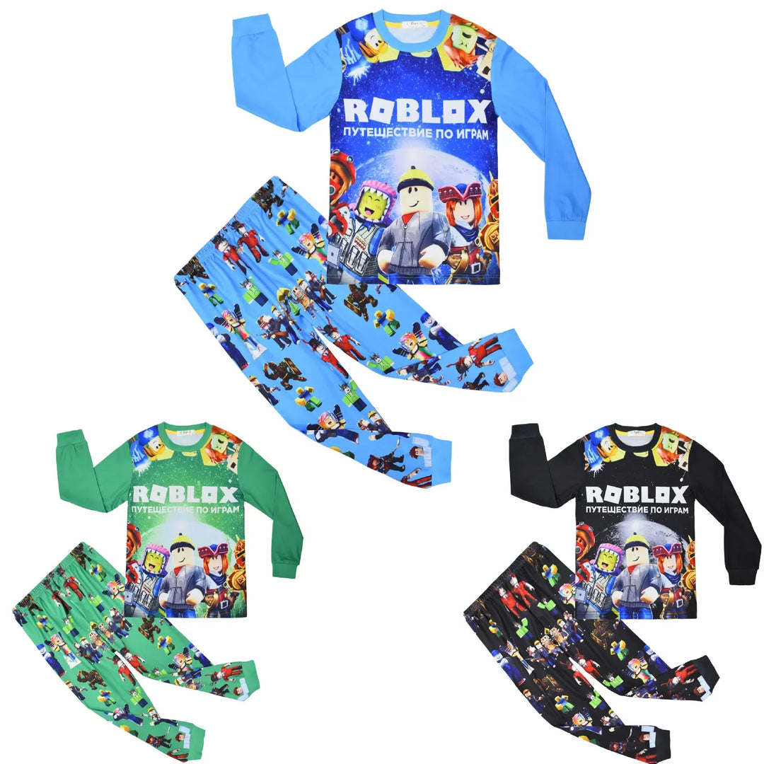 Roblox-themed children's pajama sets in various colors on a white background.