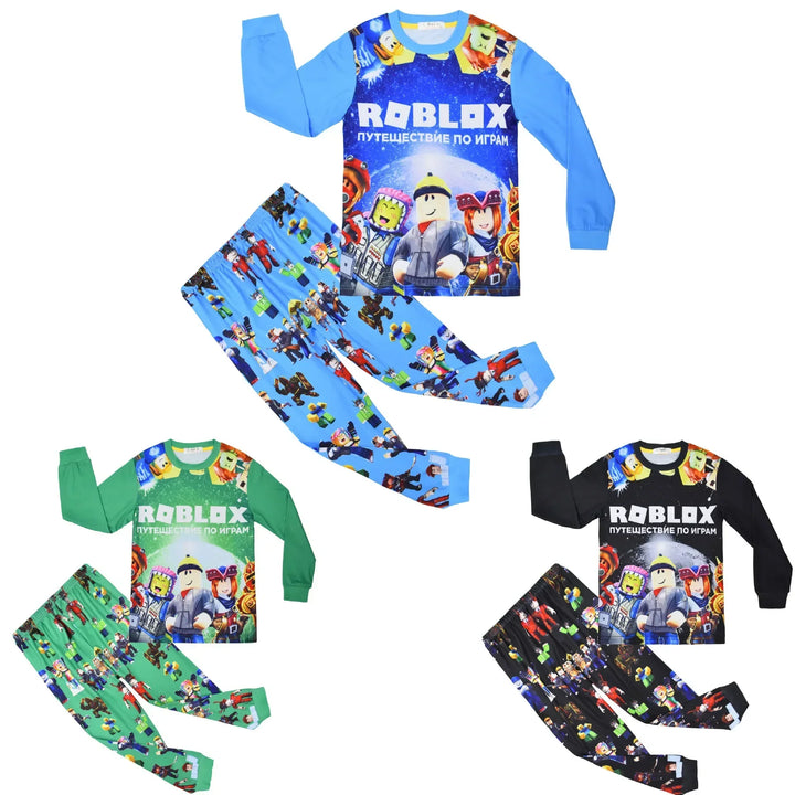 Roblox-themed children's pajama sets in various colors on a white background.