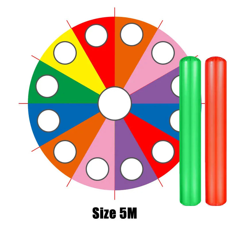 Colorful wheel with holes and two cylindrical objects on a white background.