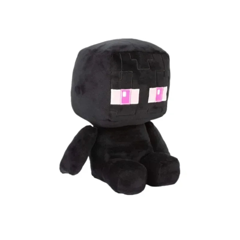 Black plush toy with pixelated design on a white background.