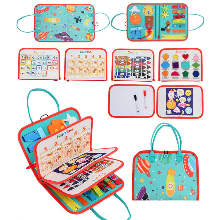 Colorful educational toy book with various interactive elements on a white background.