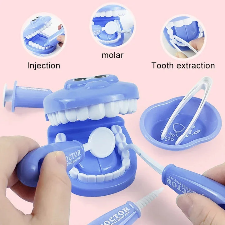 Blue dental model with various dental procedures demonstrated on a pink background.