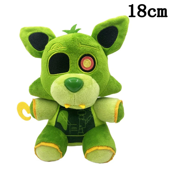 Green plush toy with a hook on its tail, 18cm tall, on a white background.