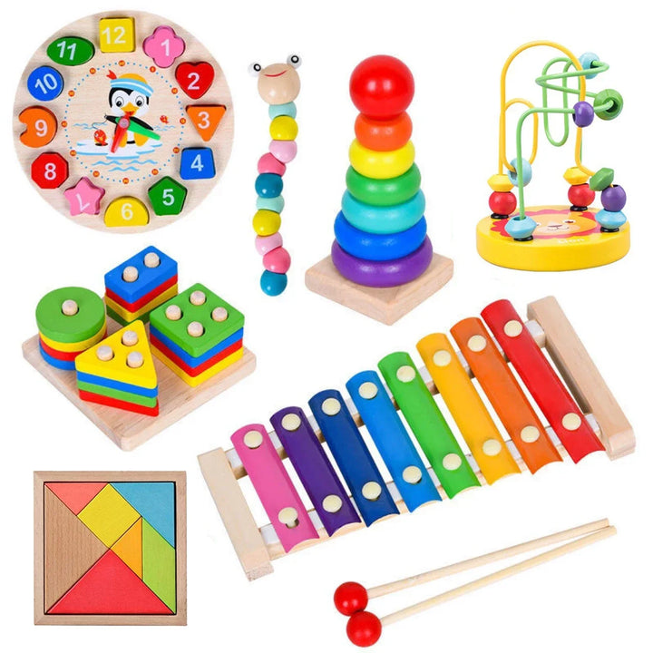 Collection of colorful wooden toys including a clock, beads, and puzzles on a white background.