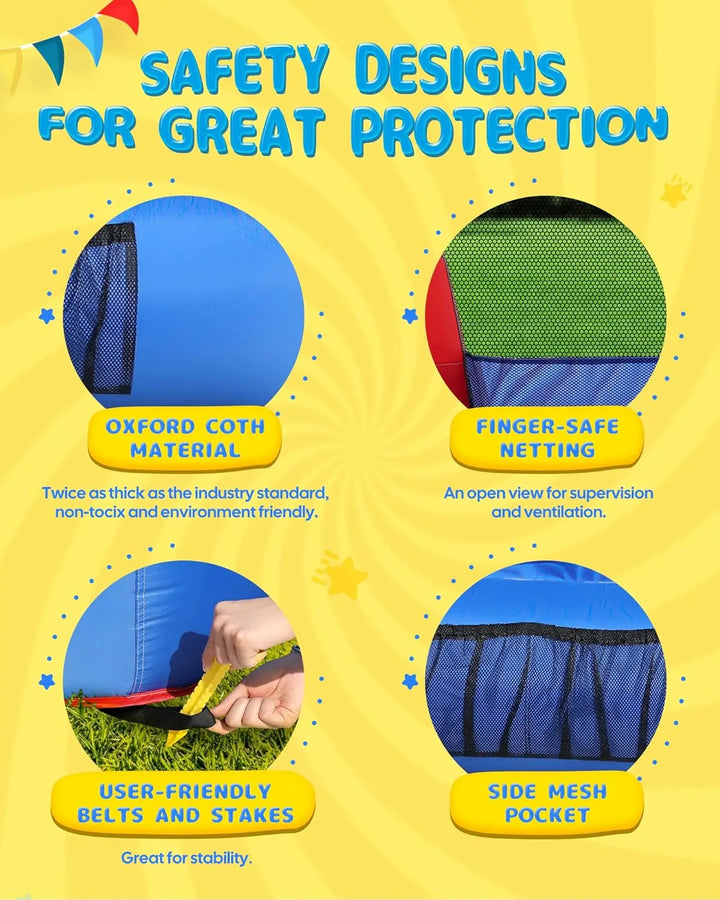 Safety designs for great protection with features highlighted on a yellow background.