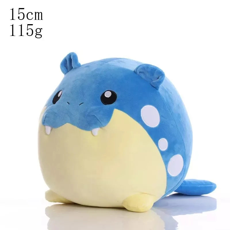 Blue and yellow plush toy with text indicating size and weight on a white background.