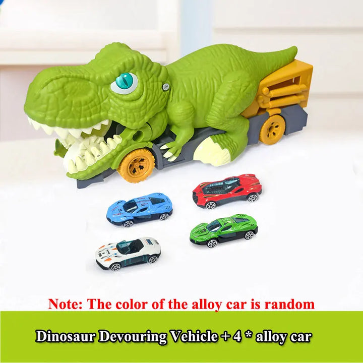 Toy set with a green dinosaur-shaped vehicle carrying small cars on a white background.