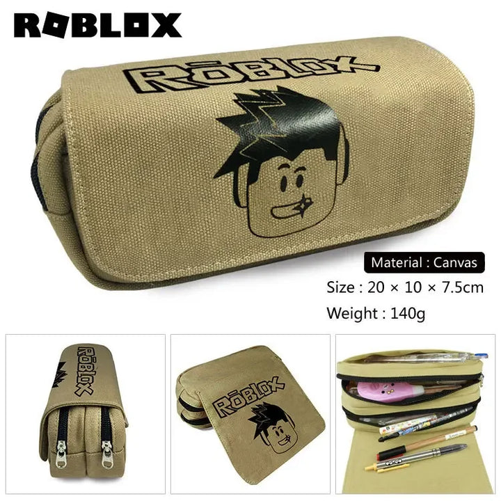 Beige pencil case with Roblox logo and character illustration on a white background.